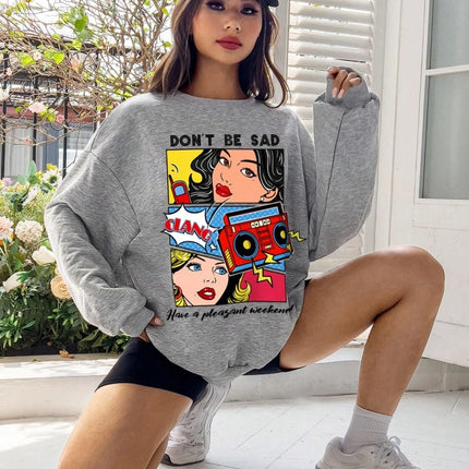 Cartoon Beauty Printing Sweatshirts For Womens Casual Comfortable Crewneck Hoodies Loose Fleece Warm Sportswear Clothes