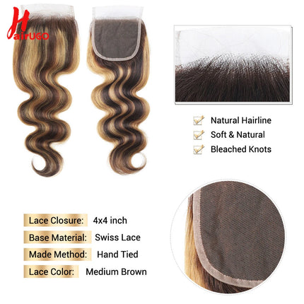 P4/27 4x4 Lace Closures Deep Wave Highlight Lace Closure 100% Human Hair Closure With Baby Hair Remy Brazilian 10''-20'' HairUGo