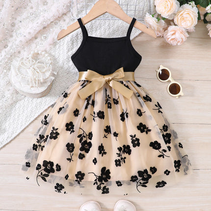 Girls' Spring and Summer Fashion Knit Strap Floral Velvet Mesh Casual Dress Princess Dress Party Holiday Casual Vacation Gift