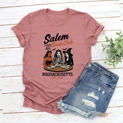Witchy Book Club T-Shirt Spooky Girl Reading T-shirt Book Lover Halloween T-shirt Casual Women Graphic T-shirts Witches Salem Tee