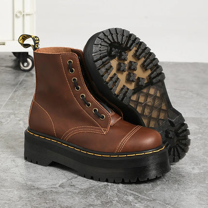 Women Boots Genuine Leather Platform Boots Motorcycle Shoes Front Zipper Optical Soles Fashion Sexy Punk Luxury Men Winter Boots
