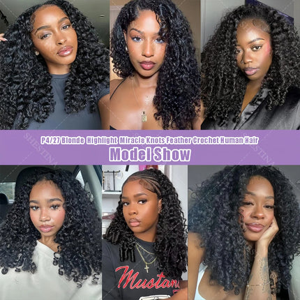 Burmese Curly Crochet Human Hair #P4/27 Blonde With Brown Colored Highlight Omber Miracle Knots Feather Crochet Bulk Human Hair