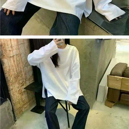 Harajuku Long T-Shirt Spring Autumn Solid Simple Oversized T-shirt for Women Goth T-shirts Split White Black Long Sleeve Tops