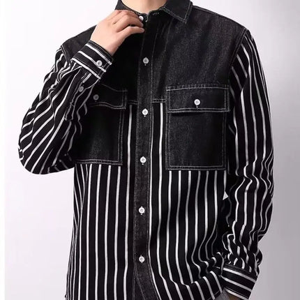 2024 New Spring and Autumn Youth Collection Commuting and Leisure Versatile Contrast Stripe Pocket Long Sleeved Men's Shirt Top