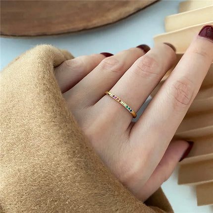 2PCS/Set Stainless Steel Rainbow Color Cubic Zircon Stone Finger Rings for Women INS Gold Color Waterproof Stars Ring Jewelry