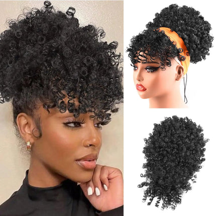 Afro Puff Kinky Curly Synthetic Hair Ponytail with Bangs, Drawstring Ponytail for Black Women Updo Natural Hair Ponytail