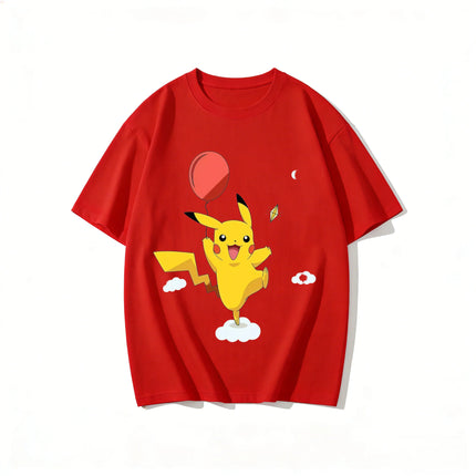 2026 New Cute Pikachu Balloon Print T Shirt Unisex Loose Casual Tee Men Women Kids Family Matching Short Sleeve Tops Streetwear