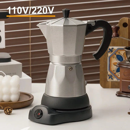 110V/220V Electric Coffee Maker Portable 300ml/3Cups Aluminum Mocha Pot Electric Italian Coffee Maker Percolator for Home Silver