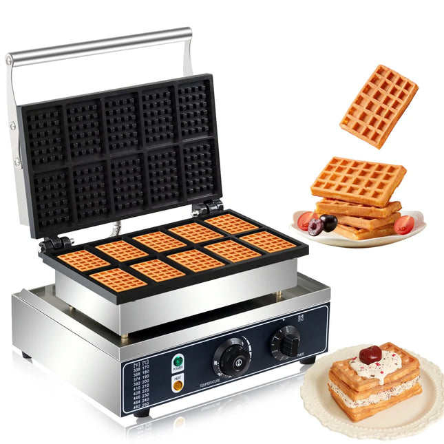 HPH2O Commercial Waffle Maker 10PCS Square Shape Waffle Machine 1550W Waffle Non-Stick Coating Baking and Dessert Maker