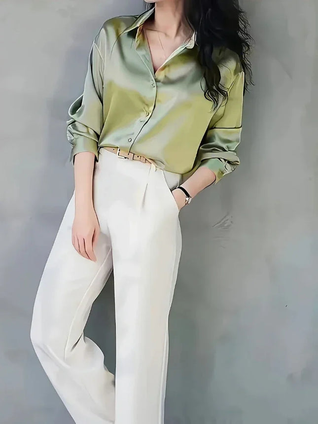 Plus Size Shirts 2025 Loose Casual Women Silk Fashion Long Sleeve Button-Down Blouse Senior Female Elegant Solid Top Office Wear