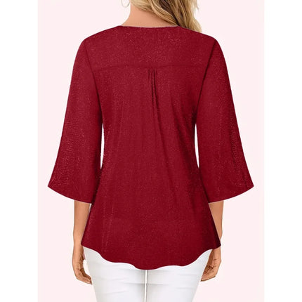 Plus Size 1XL-5XL Women's Fashionable V-neck Casual Ruffle Edge 3/4 Sleeve Loose and Comfortable Shirt