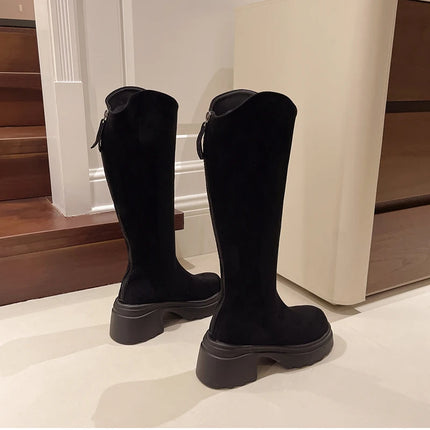 New Vintage Women Stretch Slim High Boots Fashion Back Zippers Shoes Autumn Winter Thick Heel Ladies Knight Long Booties 2025