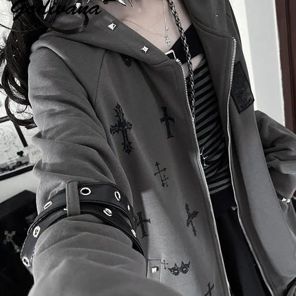 Original Gothic Cross Printed Loose Hoodie Jacket New Spring Women's Subculture Cool Rivet Drapey Zipper Coat Outwear