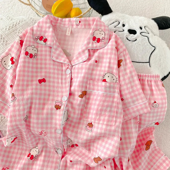 Anime Hello Kitty Pajamas Set Sanrio Woman's Loungewear Cartoon Sweet Household Clothes Student Kawaii Home Wear Girl Gifts
