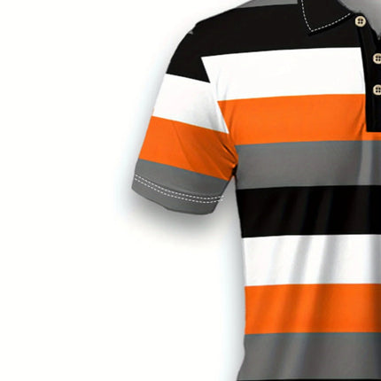 Men's Fashion Orange Striped Logo Print Sporty Short Sleeve Shirt, Machine Washable, Button-Up Casual Top with Retro Design