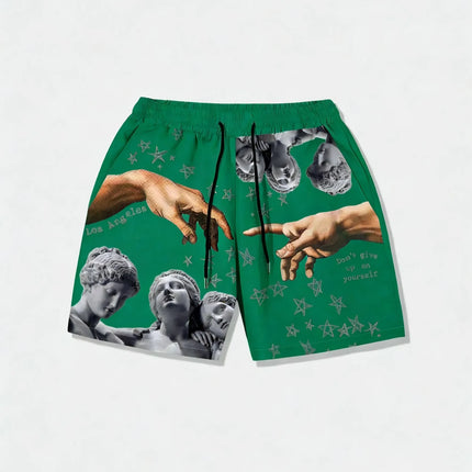 European and American men's summer luxurious statue print comfortable breathable drawstring shorts outdoor vacation casual pants