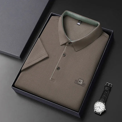 New Men's Business Casual Short Sleeved Shirt with Badge Solid Color Polo Shirt Fashionable Breathable Comfortable Versatile Top