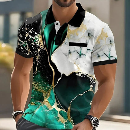 Colorful 3D Printed Striped Polo Shirt Men's Geometric Pattern Short Sleeve Summer Casual Lapel Top