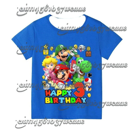 Super Mario Birthday Number T-Shirt Blue Short Sleeve Cartoon Figure Party Top for Men Women Kids - Family Matching Gift