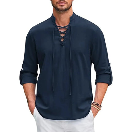 1Men's Renaissance Shirt Pirate Medieval Viking Top Cotton Linen Shirts Men Long Sleeved Halloween Costume