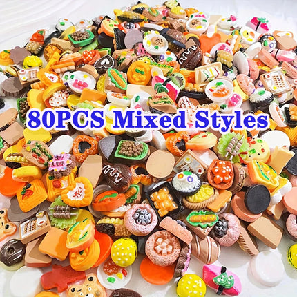 25/50/80Pcs Mini Food Toys Pretend Play Miniature Food for Dollhouse Kitchen Game Party Accessories Mini Play Resin Food Toys