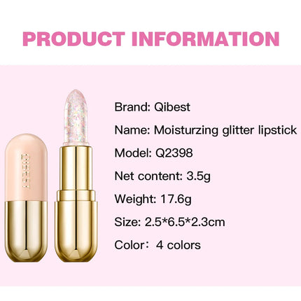 QIBEST Glitter Lipstick Lip Balm Color Change Transparent Moisturizing Crystal Jelly Pearlescent Lip Plumper Gloss Tint Cosmetic