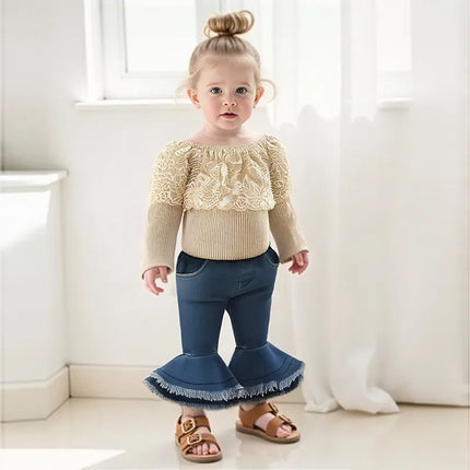 0-24months Baby Girls Pants Suit Long Sleeve Round Neck Lace Romper Tops Denim Bell-Bottoms Headband Clothes Set
