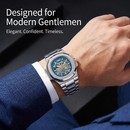 LONGLUX Men automatic mechanical watch luxury watches waterproof skeleton business cheap wholesale stainless steel gift watch