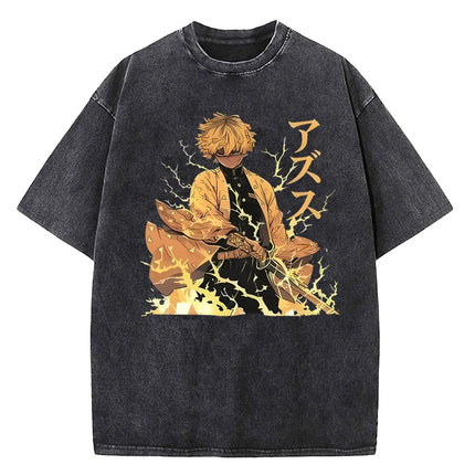 Japanese Anime Demon Slayer Printed Washed T-shirt Men Manga Casual T-shirts Harajuku Male Cotton T-shirt
