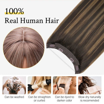 Wire Hair Extensions Real Human Hair Balayage Dark Brown to Chestnut Brown Invisible Transparent Remy Fish Line Hair Extensions