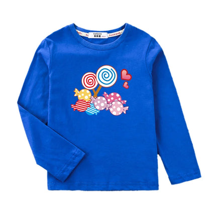 Little Girl Lollipop T-shirt Autumn Long Sleeved Tops Candy Cartoon Clothes Casual Round Neck Cotton Tees 3-14Y