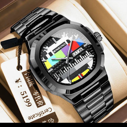 BINBOND Creative TV Dial Men's Watches New Fashion Original Retro Design Luminous Quartz Wristwatch For Men With Calendar Week