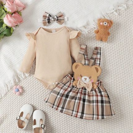 Baby Girl and Child Spring and Autumn Apricot Round Neck Lotus Leaf Edge Little Bear Long Sleeve jumpsuit and Bow Grid Strap Ski