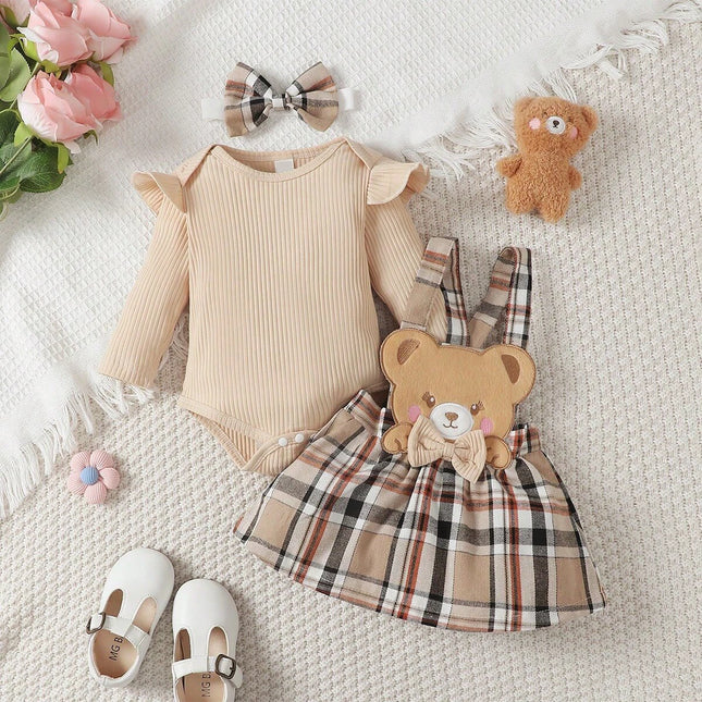 Baby Girl and Child Spring and Autumn Apricot Round Neck Ruffled Little Bear Long Sleeve Jumpsuit and Bow Plaid Strap Skirt