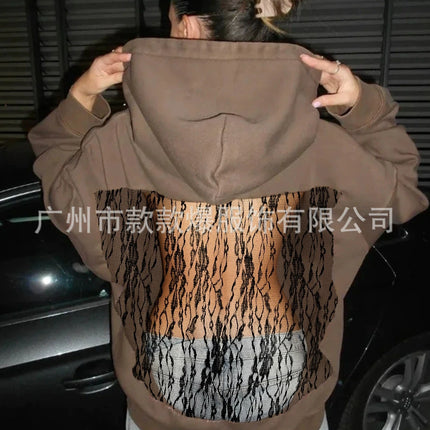 Streetwear Trendy Hoodie Women Fashion Solid Color See Through Backless Hooded Pullover Sweatshirt Female High Street 2025 New