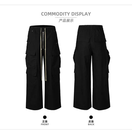 MIJKO Wide Leg Drawstring Black Cargo Pants Unisex Straight Baggy Casual Overalls Men's Streetwear Loose Oversized Trousers