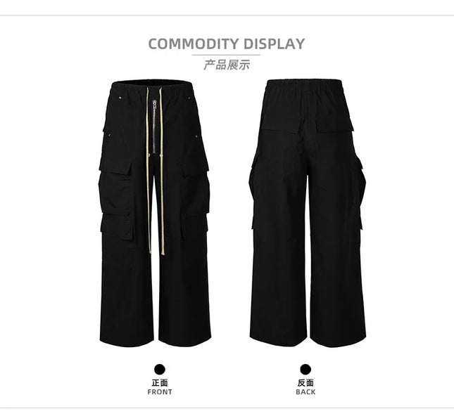 MIJKO Wide Leg Drawstring Black Cargo Pants Unisex Straight Baggy Casual Overalls Men's Streetwear Loose Oversized Trousers