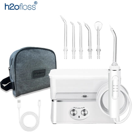 H2ofloss Water Flosser 570ml Portable Oral Irrigator 140PSI 6 Modes 5 Tips with Travel Bag USB Rechargeable for Dental Cleaning