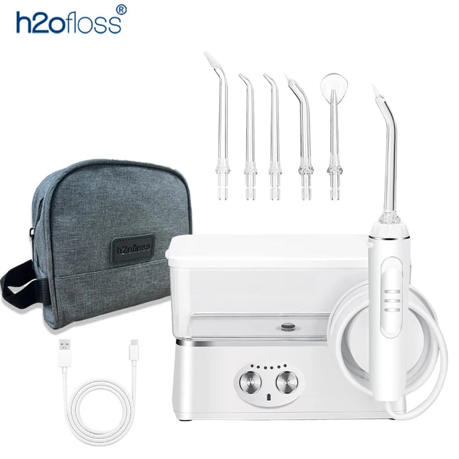H2ofloss Water Flosser 570ml Portable Oral Irrigator 140PSI 6 Modes 5 Tips with Travel Bag USB Rechargeable for Dental Cleaning