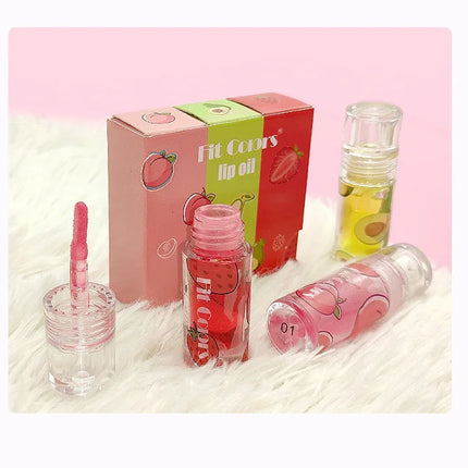 Hydrating Transparent Lip Gloss 3 Piece Set Fruit Scented Lip Oil with Avocado Strawberry and Peach for Soft Smooth Lips