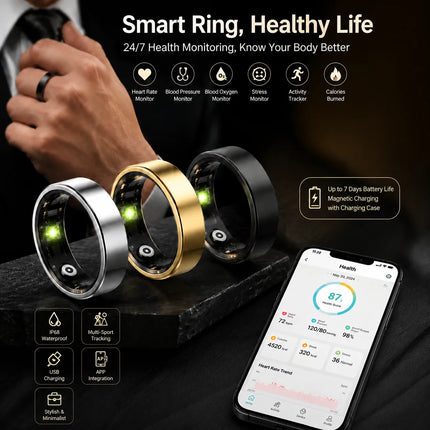 Smart Ring Fitness Tracker Health Sleep Monitor with Blood Pressure Heart Rate Oxygen Monitoring for Women Men Gol
