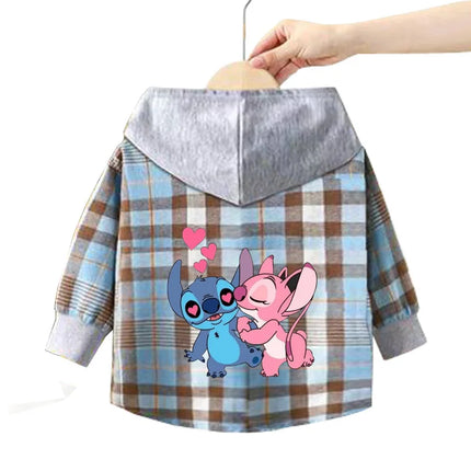Children's stitch Hooded Shirts Kids blouse Boys Plaid Shirts Coat for Spring Autumn Girls Long-Sleeve Jacket Bottoming Clothing