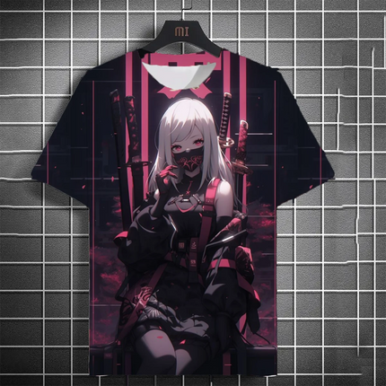 Men's fashionable versatile T-shirt 3D printed Japanese samurai sword girl anime personality short sleeved trendy men's clothing