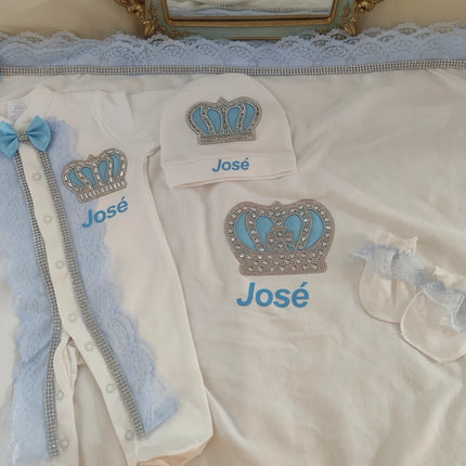 5pcs Handmade DIY Vinyl Name Personalized Baby Girl Newborn Jewels Crown Pink Take Me Home Layette 5 Piece Deluxe Gift Set