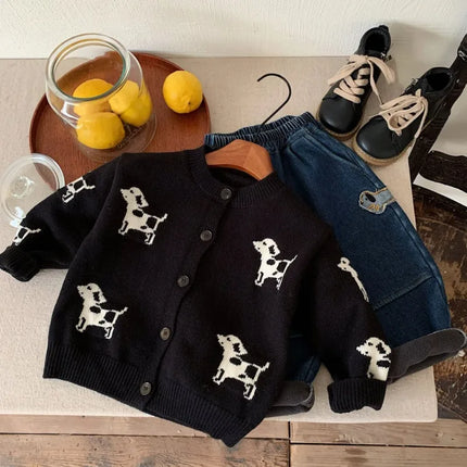 Korean style Kids baby clothes 2024 Fall Winter cartoon dog black sweater for boys and girls knit Cardigan Coat
