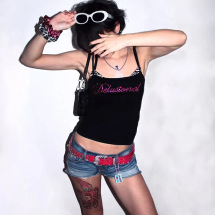 Vintage Punk Rhinestone Letter Goth Streetwear Short Sleeve T Shirts Y2k Tanks Tops T-shirt Women Summer Camis Coquette Clothes