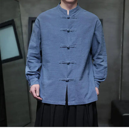 Chinese Style Men Long Sleeve Casual Shirt New 2026 Spring Vintage Mandarin Collar Loose Male Cotton Linen Tops Shirts N055