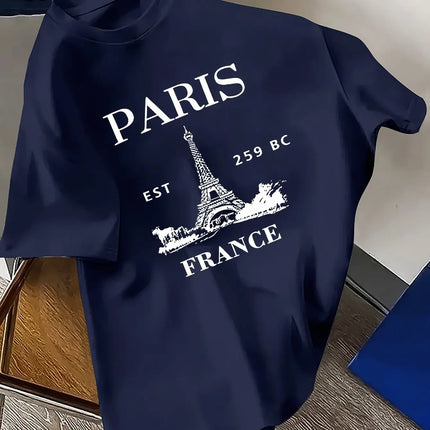 Men's summer 100% cotton retro style Paris Eiffel Tower print fashionable casual sports loose round neck short sleeved T-shirt