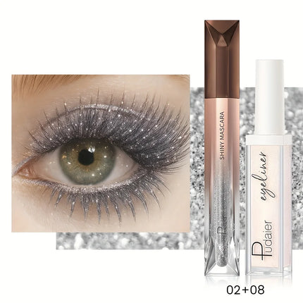2PC Glitter Mascara & Metallic Eyeliner Duo, Waterproof, Smudge-Proof, Long-Lasting Shine for Luxurious Glamour Makeup