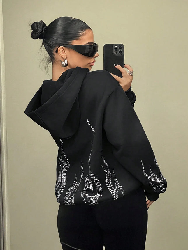 Autumn and Winter Y2K Trend Street Flame Hot Drill Loose Zip Hooded Sweater Men and Women Couple Foreign Trade Wholesale